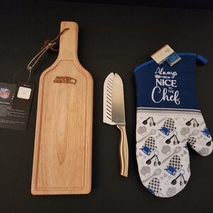 NWT, Cutting Board Serving Tray W/NFL Seahawk Logo, Oven Mitten, Knife, GIFT